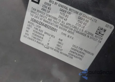 2014 Chevrolet Equinox 2Lt из США, поврежденный, VIN 2GNALCEK4E6250581